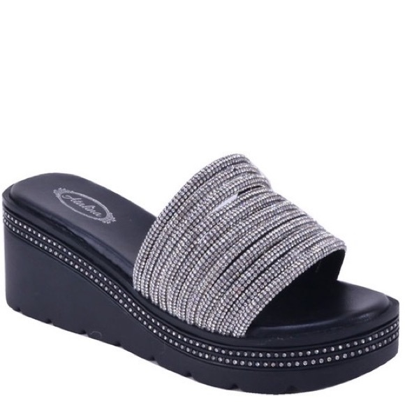 Italina Black Rhinestone Embellished open Toe Platform Wedge‎ Slide-In Sandal 6 - Picture 3 of 6